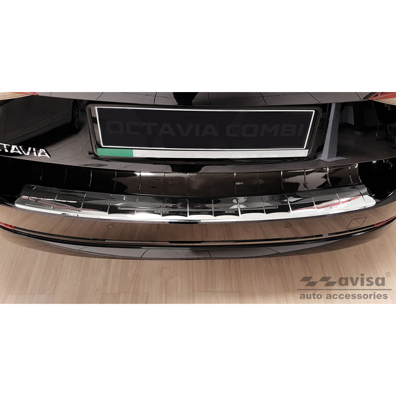Avisa, protection de pare-chocs arrière, poli brillant, acier inoxydable, compatible avec Skoda Octavia IV Kombi 2020-2024 & FL 2024- (incl. RS, excl. Scout) « Nervures »