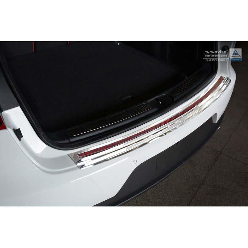 Avisa, protector de paragolpes trasero, DeLuxe, acero inoxidable, compatible con Porsche Macan 2014- Cromado/Rojo-Carbono negro