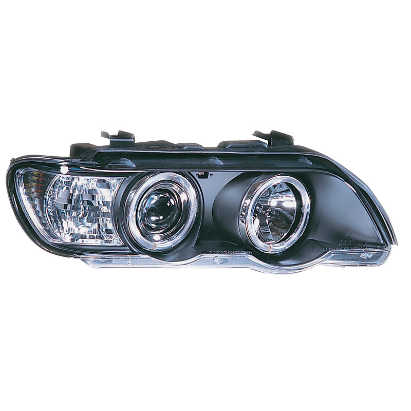 Headlights, fits BMW X5 E53 2000-2004 - black - incl. Halos