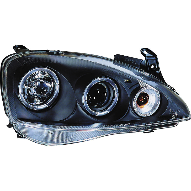 Reflektory przednie, pasują do Opel Corsa C 3/5-drzwi 2000-2004 - czarne - incl. Halos