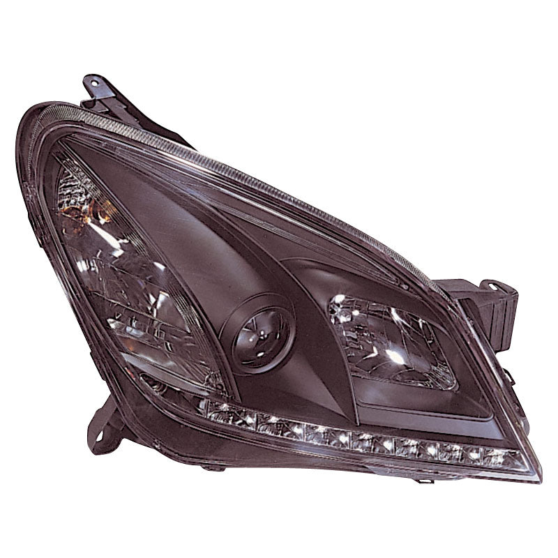 Headlights, DRL-Look fits Opel Astra H 2004-2009 - black - incl. adjustment motor