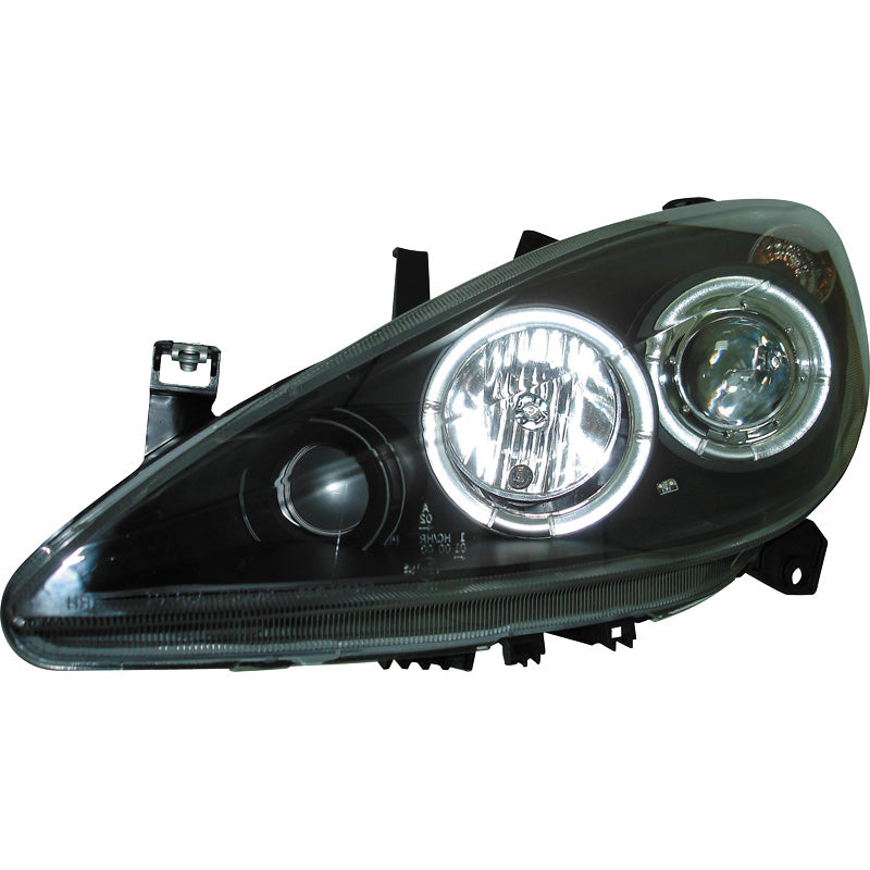 Headlights, fits Peugeot 307 2001-2005 - black - incl. Halos