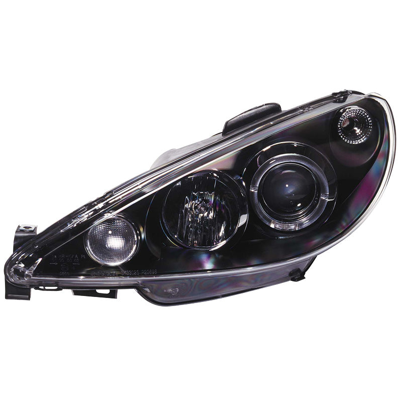 Přední světlomety, pasují na Peugeot 206 1998-2002 bez GTi - černé - včetně Halos