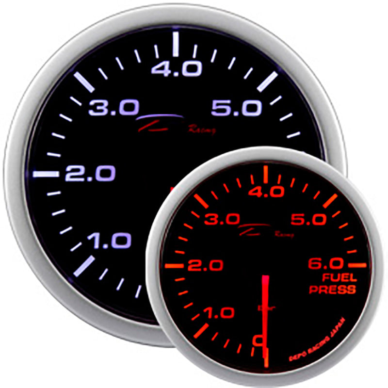 Depo Racing, WA-Series měřič tlaku paliva - 0,0>6,0 bar - 52mm - kouřové sklo - hliník - dvojbarevné LED