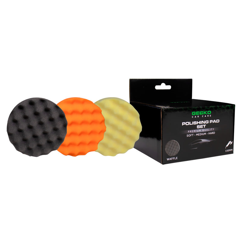 Gecko, Gąbki polerskie Waffle - 150mm - 3-pak - czarny, pomarańczowy, żółty