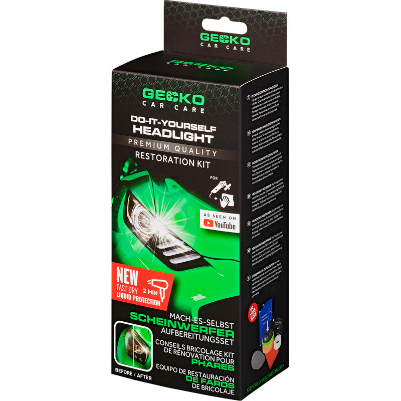 Gecko, Kit di rinnovo per fari auto - kit completo per pulizia e protezione