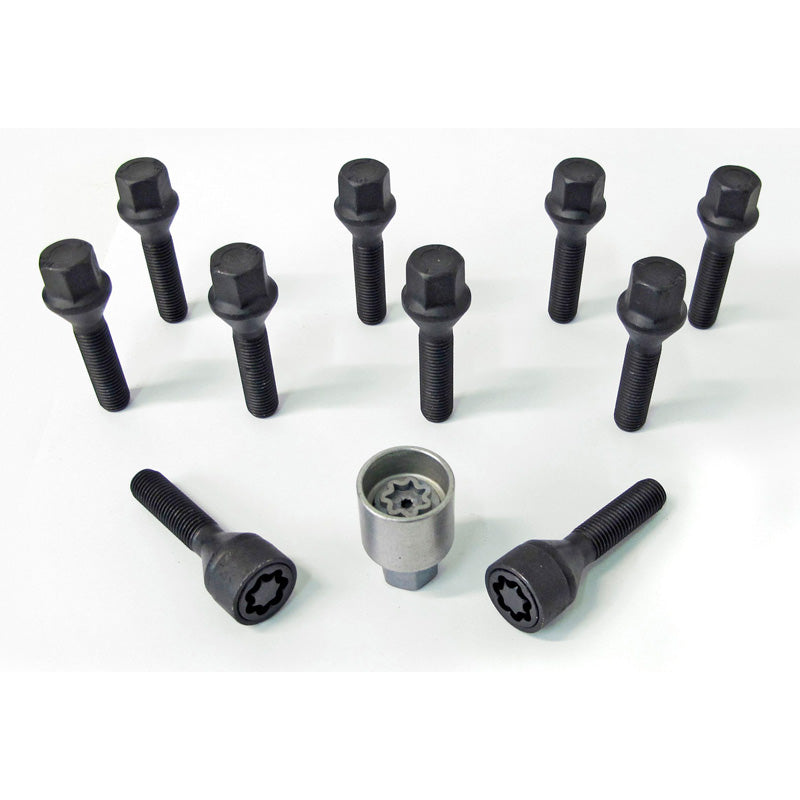 H&R, Wheel bolt Set Taper-Head M12x1.50 - length 28mm - Black - 10 pcs. - incl. wheel-locks