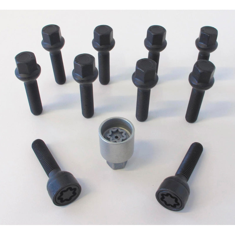 H&R, Wheel bolt Set Round-Head R12 M12x1.50 - length 35mm - Black - 10 pcs. (e.g., fits Mercedes) - incl. wheel-locks