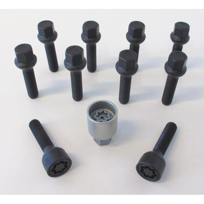 H&R, Wheel bolt Set Round-Head R12 M12x1.50 - length 40mm - Black - 10 pcs. (e.g., fits Mercedes) - incl. wheel-locks