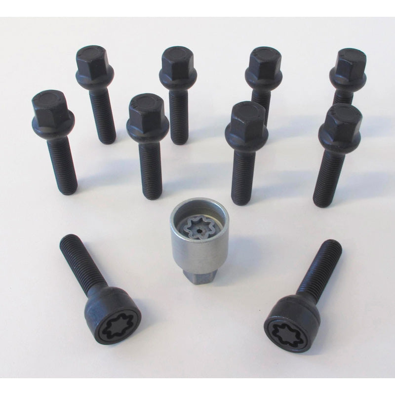 H&R, Wheel bolt Set Round-Head R12 M12x1.50 - length 43mm - Black - 10 pcs. (e.g., fits Mercedes) - incl. wheel-locks