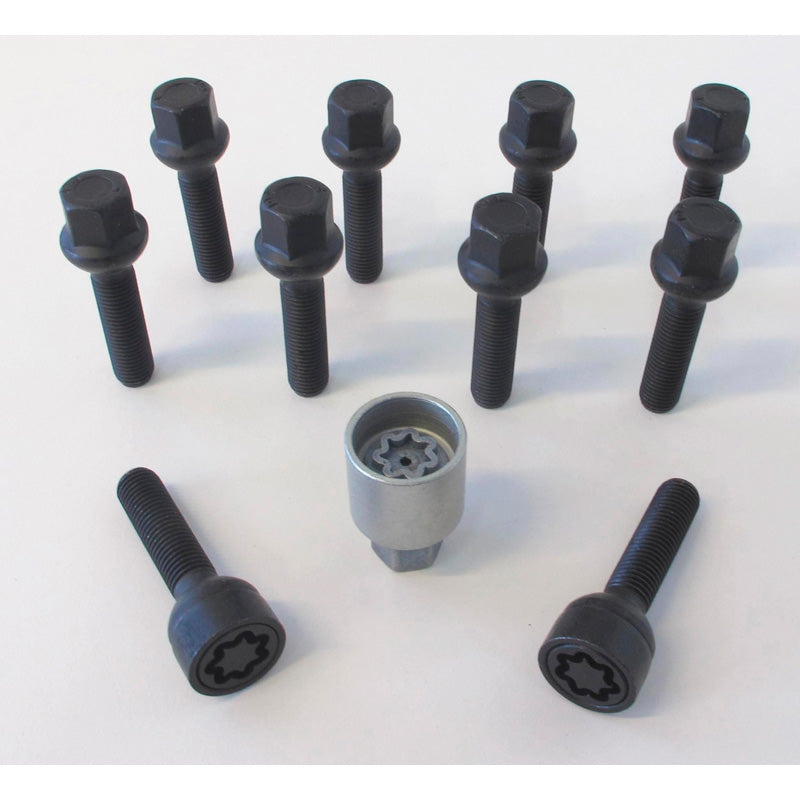 H&R, Wheel bolt Set Round-Head R12 M12x1.50 - length 47mm - Black - 10 pcs. (e.g., fits Mercedes) - incl. wheel-locks