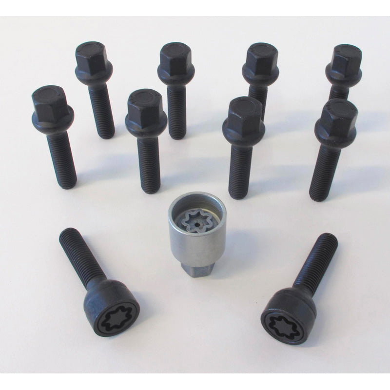 H&R, Jeu de boulons de roue à tête ronde R12 M12x1.50 - longueur 50mm - noir - 10 pcs. (p. ex., convient pour Mercedes) - incl. antivols de roue