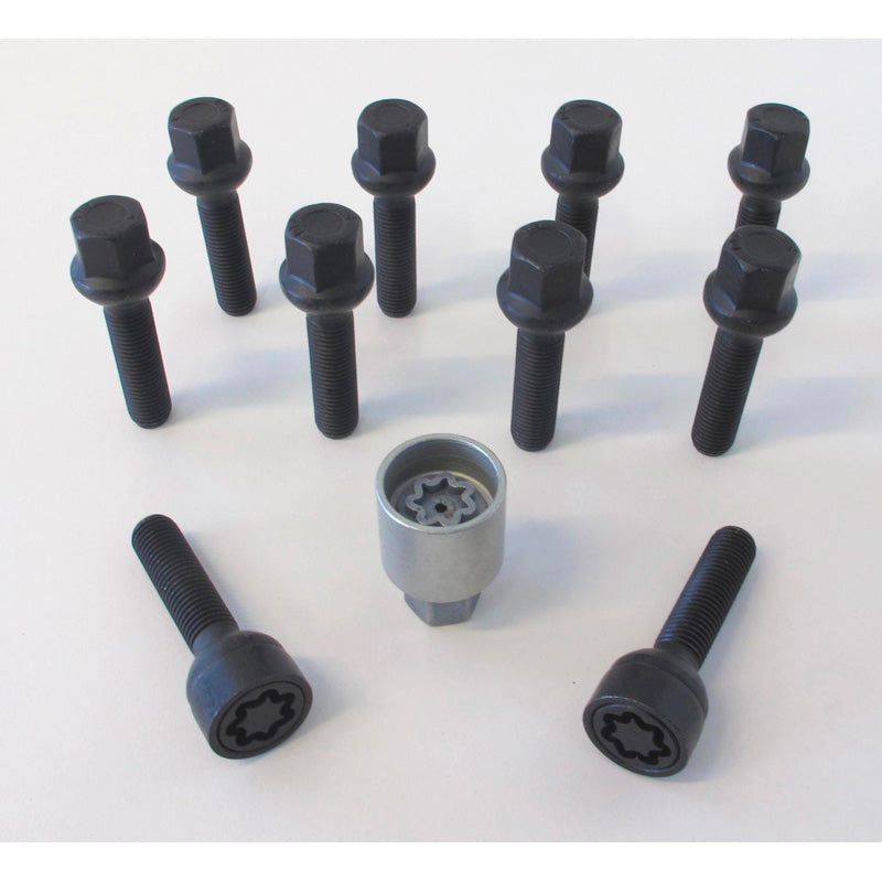 H&R, Wheel bolt Set Round-Head R12 M12x1.50 - length 52mm - Black - 10 pcs. (e.g., fits Mercedes) - incl. wheel-locks