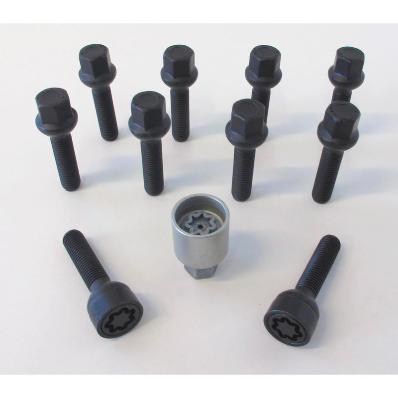 H&R, Jeu de boulons de roue à tête ronde R12 M12x1.50 - longueur 55mm - noir - 10 pcs. (p. ex., convient pour Mercedes) - incl. antivols de roue