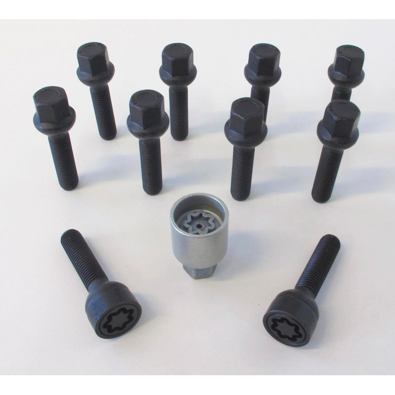 H&R, Wheel bolt Set Round-Head R12 M12x1.50 - length 60mm - Black - 10 pcs. (e.g., fits Mercedes) - incl. wheel-locks