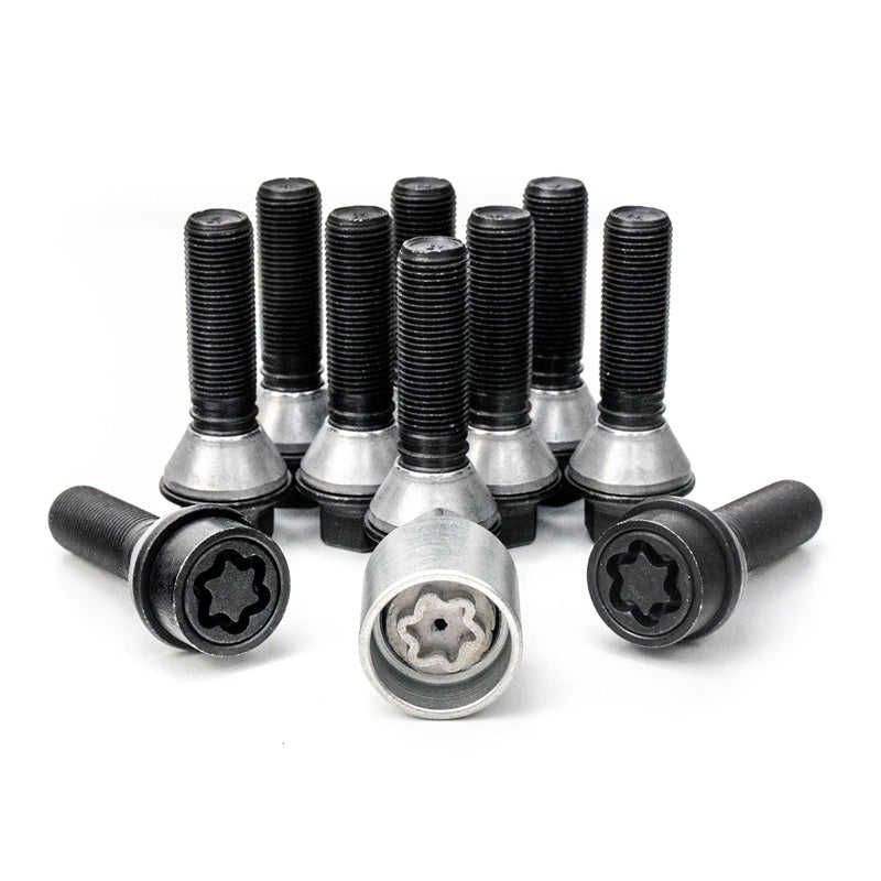 H&R, Wheel bolt Set Taper-Head with movable cone M14x1.25 - length 28mm - Black - 10 pcs. (e.g., fits BMW) - incl. wheel-locks