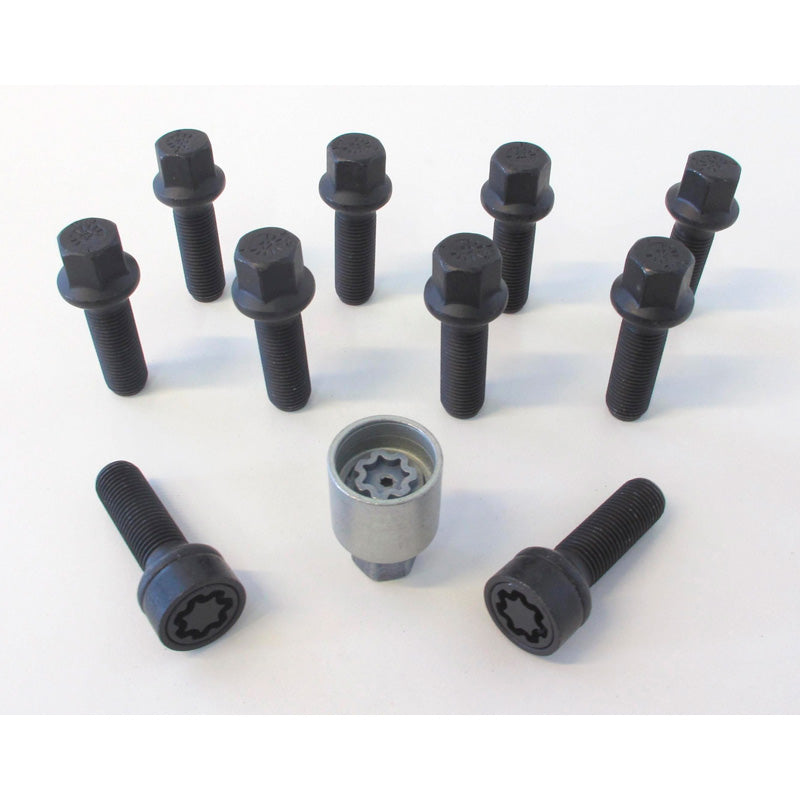 H&R, Wheel bolt Set Round-Head R14 M14x1.50 - length 28mm - Black - 10 pcs - incl. wheel-locks