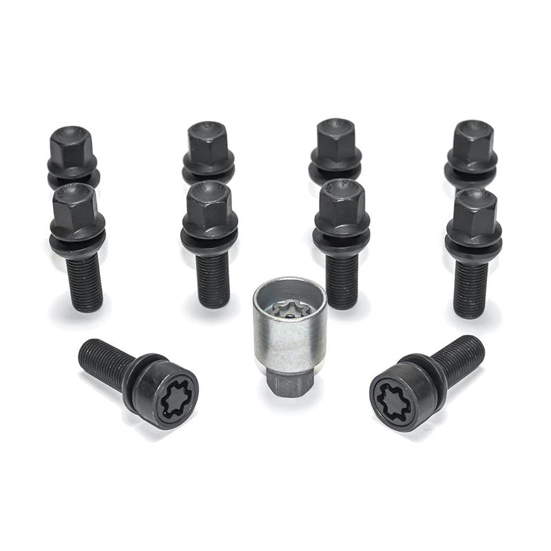 H&R, juego de tornillos de rueda de cabeza redonda con cono móvil R13 M14x1.50 - longitud 32mm - negro - 10 uds. (p. ej., compatible con Audi S5) - incl. antirrobos de rueda