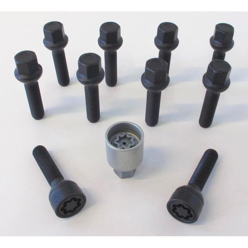 H&R, Juego de tornillos de rueda cabeza redonda R13 M14x1.50 - longitud 35mm - Negro - 10 uds. (, apto para p. ej. VAG) - incl. antirrobos de rueda