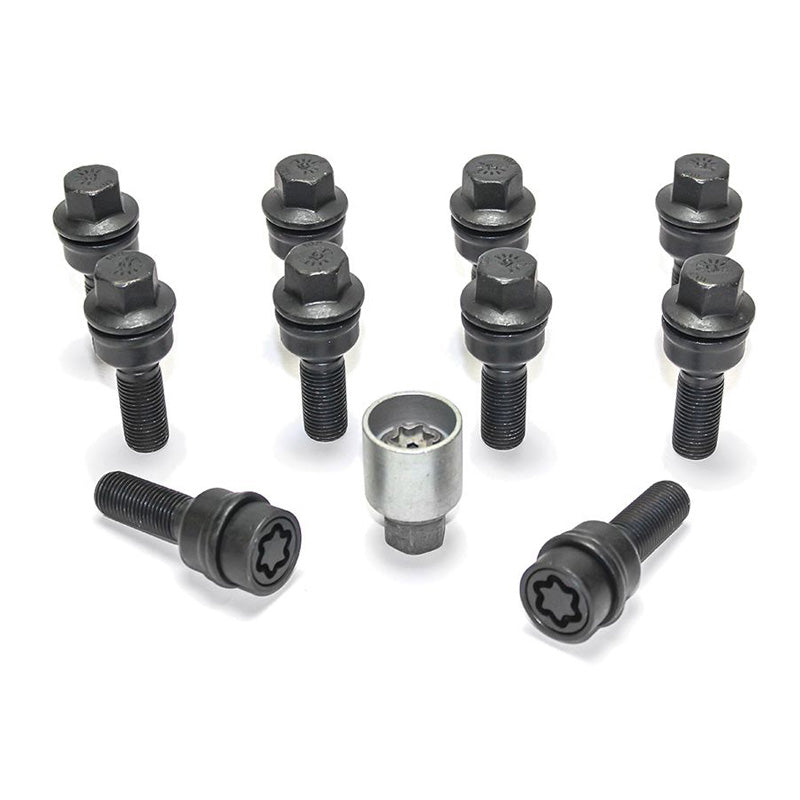H&R, Jeu de boulons de roue à tête ronde avec cône mobile R14 M14x1.50 - longueur 35mm - noir - 10 pcs. (p. ex., convient pour Audi Q3, Q5) - incl. antivols de roue