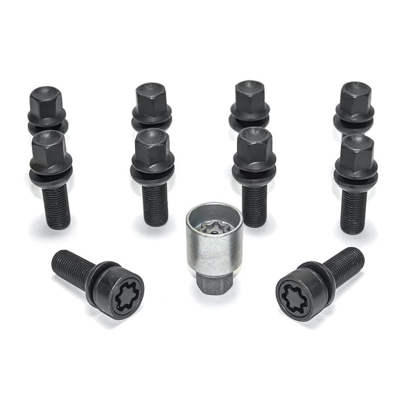 H&R, Juego de tornillos de rueda de cabeza redonda con cono móvil R13 M14x1.50 - longitud 36mm - Negro - 10 uds. (p. ej., se adapta a Audi S5) - incl. wheel-locks