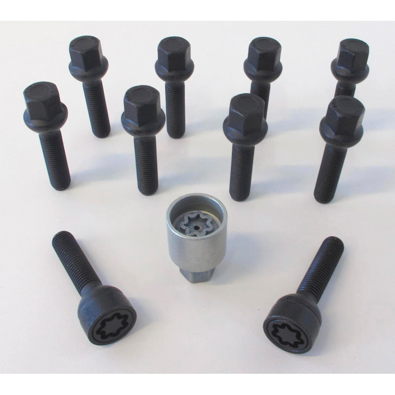 H&R, Juego de tornillos de rueda de cabeza redonda R13 M14x1.50 - longitud 37mm - negro - 10 uds. (, apto para p. ej. VAG) - incl. antirrobo de rueda
