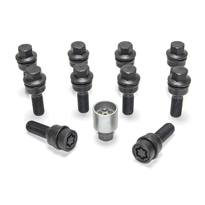 H&R, Juego de tornillos de rueda de cabeza redonda con cono móvil R14 M14x1.50 - longitud 38mm - Negro - 10 uds. (p. ej., compatible con Audi Q3, Q5) - incl. tornillos antirrobo de rueda