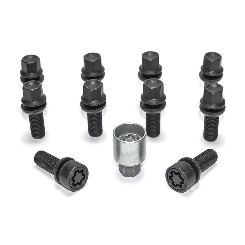 H&R, Jeu de boulons de roue à tête ronde avec cône mobile R13 M14x1.50 - longueur 39mm - noir - 10 pcs. (p. ex., convient pour Audi S5) - incl. antivols de roue