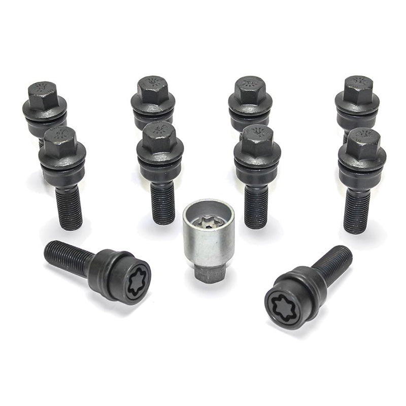 H&R, Juego de tornillos de rueda de cabeza redonda con cono móvil R14 M14x1.50 - longitud 41mm - Negro - 10 uds. (p. ej., apto para Audi Q3, Q5) - incl. antirrobos de rueda