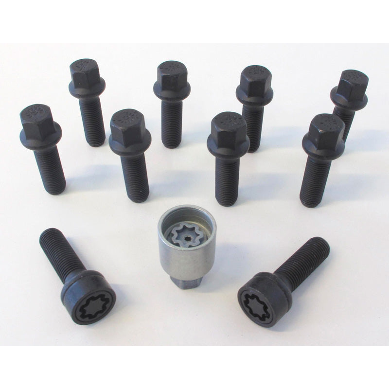 H&R, juego de tornillos de rueda de cabeza redonda R14 M14x1.50 - longitud 43mm - Negro - 10 pcs - incl. antirrobos de rueda