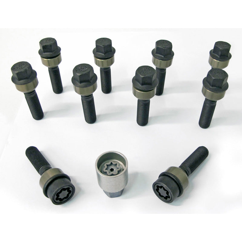 H&R, Wheel bolt Set Round-Head with movable cone R14 M14x1.50 - length 49mm - Black - 10 pcs. (e.g., fits Porsche) - incl. wheel-locks