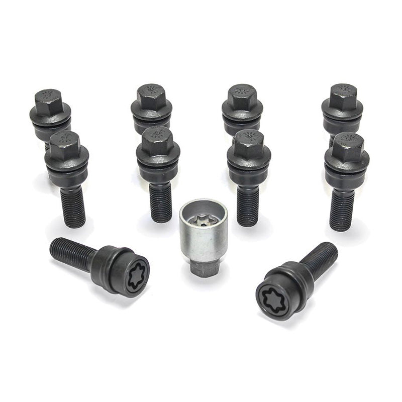 H&R, Wheel bolt Set Round-Head with movable cone R14 M14x1.50 - length 50mm - Black - 10 pcs. (e.g., fits Audi Q3, Q5) - incl. wheel-locks