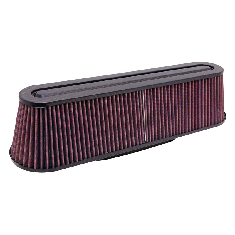 K&N univerzální vzduchový filtr - vršek a základna z Carbon Fiber - oválná příruba 83x229mm, 476mm x 127mm základna, 425mm x 76mm vršek, výška 117mm  (RP-5161)