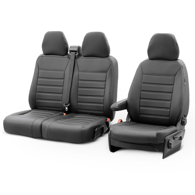 otoM, New York Design stoelbekleding in lederlook 2+1 - Zwart met grijze stiksels voor Volkswagen Crafter/MAN TGE 2017-