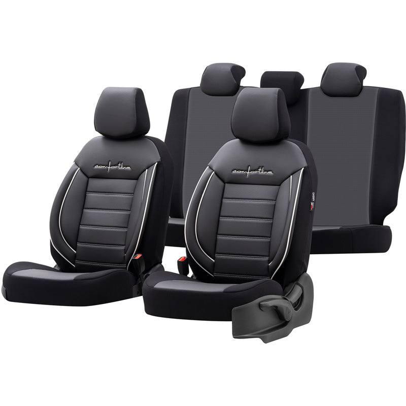 otoM, Set universale di coprisedili 'Comfortline' - Nero/Grigio con bordo bianco - 11 pezzi - Compatibile con airbag laterali