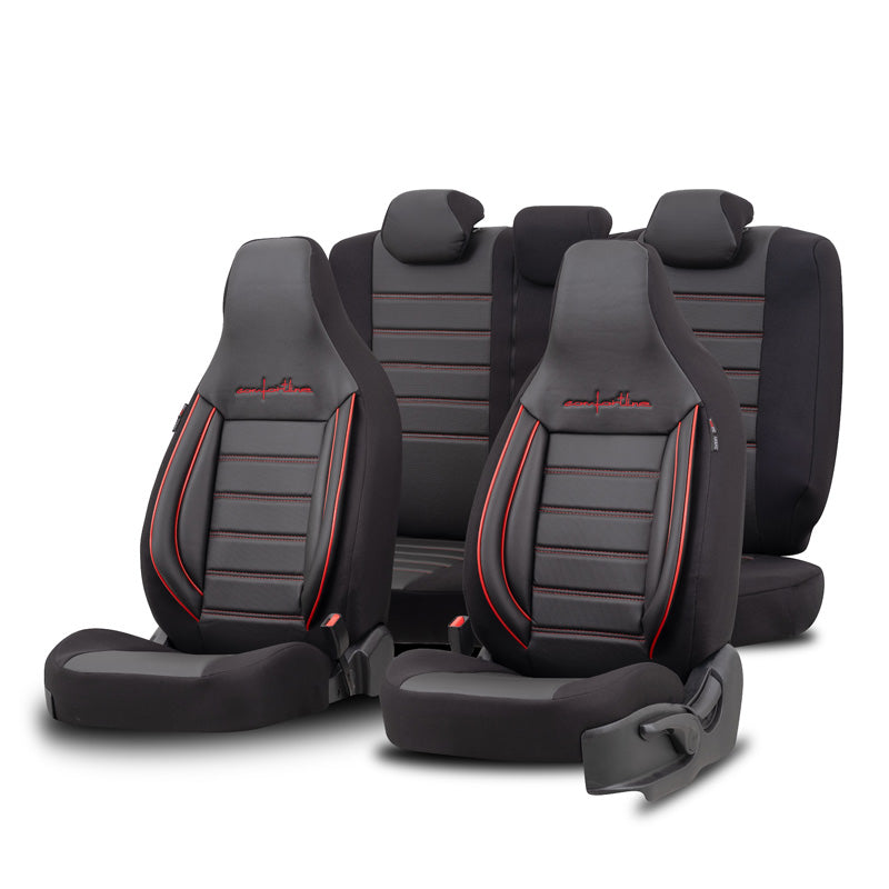 otoM, Set universale di coprisedili 'CityBug' - Nero/Rosso - 9 pezzi - Compatibile con airbag