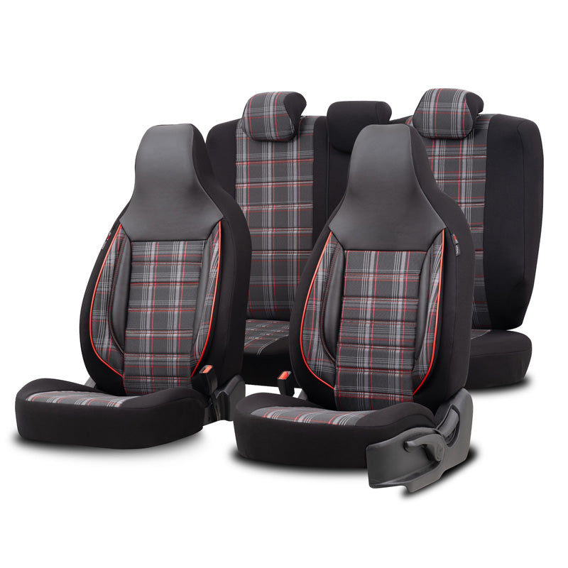 otoM, set di coprisedili universali "CityBug" - Nero/Grigio/Rosso - 9 pezzi - compatibile con airbag laterali