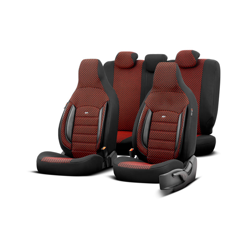 otoM, set di coprisedili universali "CityBug" Sport Plus - Nero/Rosso - 9 pezzi - Compatibile con airbag laterali