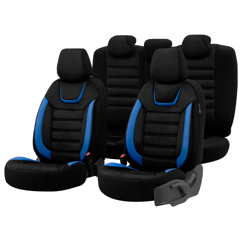 otoM, Set universale di coprisedili - Scamosciato/Pelle/Tessuto - Nero/Blu - 11 pezzi - Compatibile con airbag laterali