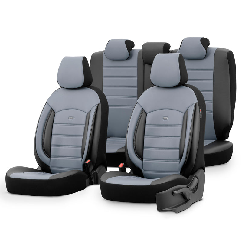 otoM, coprisedili universali in pelle pieno fiore 'Inspire' - nero/grigio - 11 pezzi - compatibile con airbag laterali