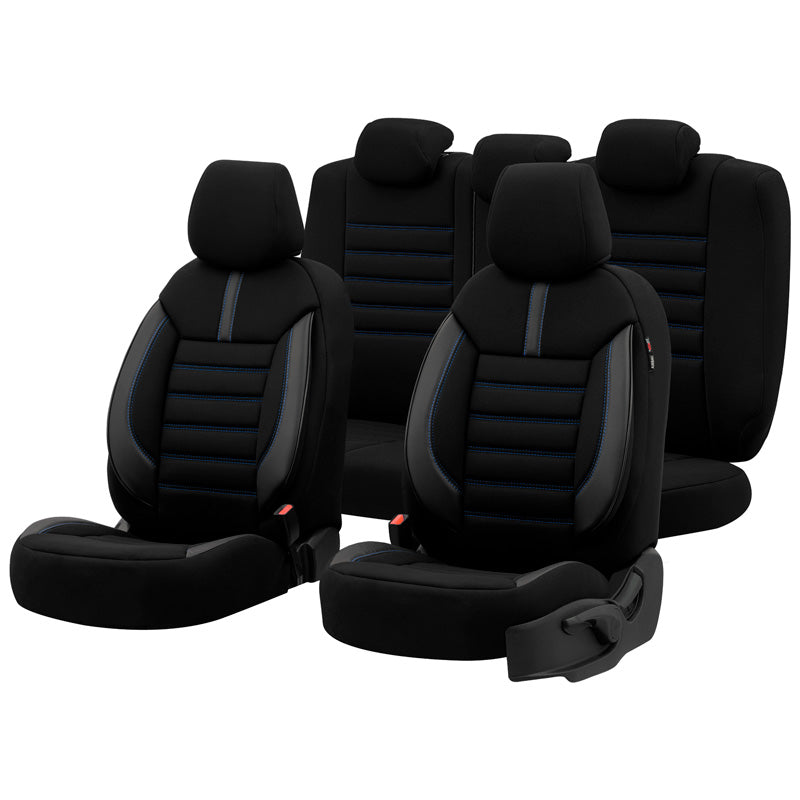 otoM, set di coprisedili universali 'Limited' - nero con cuciture blu - 11 pezzi - compatibile con airbag laterali