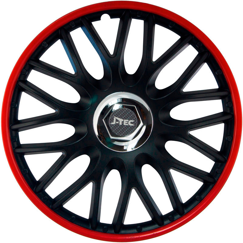 J-Tec, tapacubos, 4 uds., Orden R 16-tommer negro/rojo + aro cromado