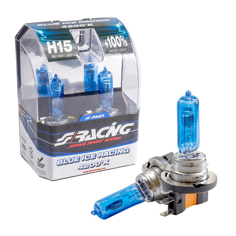 Simoni Racing, żarówki halogenowe 'Blue Ice Racing' H15 (4200K) 12V/55-15W - zestaw 2 szt. ECE-R37 z homologacją E