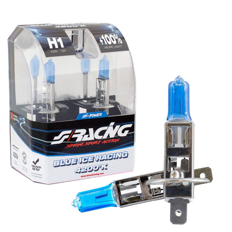Simoni Racing, halogenové žárovky 'Blue Ice Racing' H1 (4200K) 12V/55W - sada 2 ks. ECE-R37 E-Marked