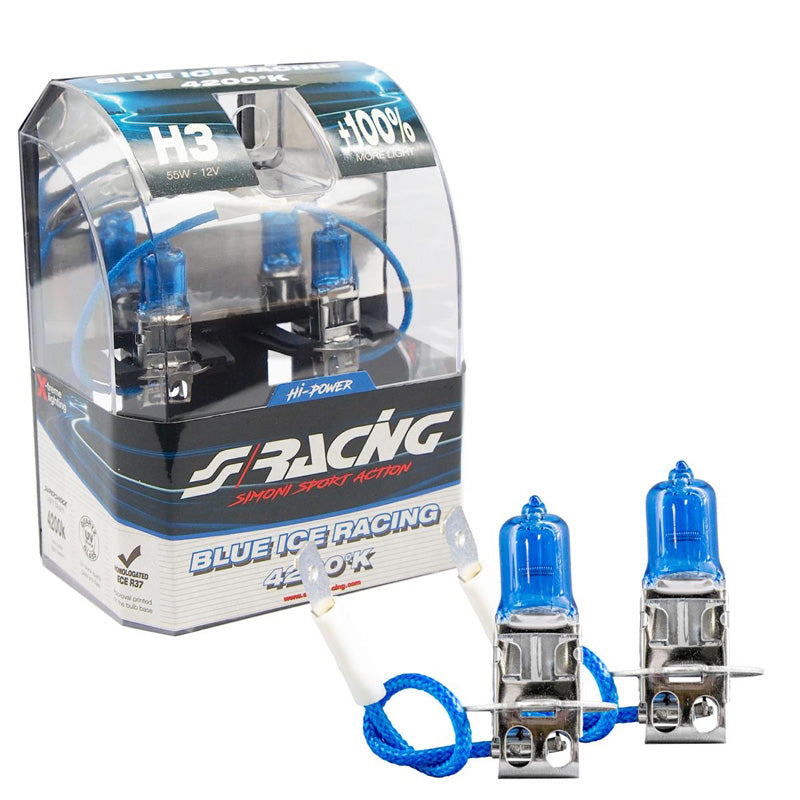 Simoni Racing, halogenové žárovky 'Blue Ice Racing' H3 (4200K) 12V/55W - sada 2 ks. ECE-R37 E-marka