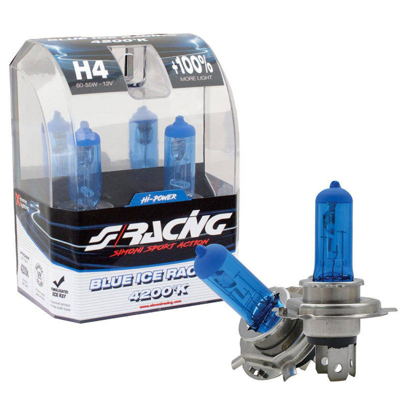 Simoni Racing, Halogeenlampen 'Blue Ice Racing' H4 (4200K) 12V/60-55W - Set van 2 stuks. ECE-R37