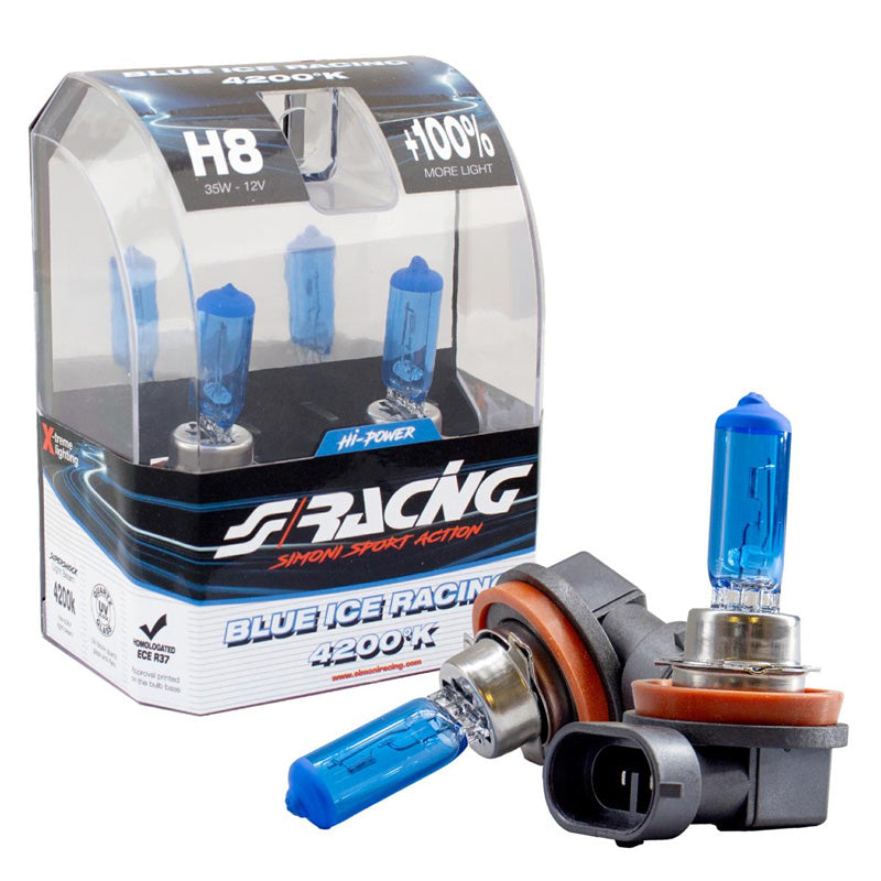 Simoni Racing, Halogeenlampen 'Blue Ice Racing' H8 - 4200K - 12V/35W, set van 2 stuks. ECE-R37 E-gekeurd