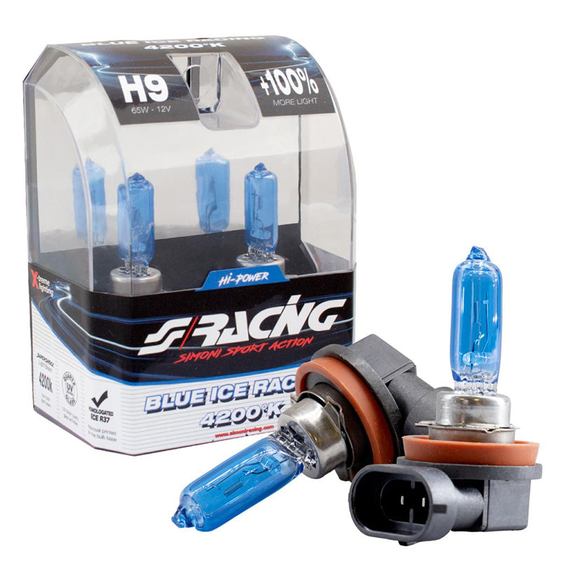 Simoni Racing, lampadine alogene "Blue Ice Racing" H9 (4200K) 12V/65W - set da 2 pezzi. ECE-R37 Marchio E