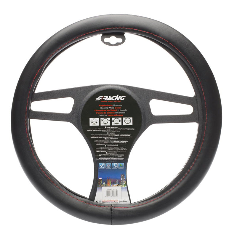 Simoni Racing, funda para volante - negro Ecoleather con costuras rojas - 37-39cm