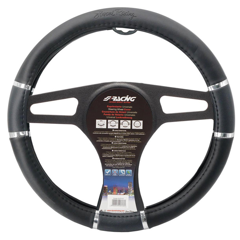 Simoni Racing, Funda de volante cómoda - Ecoleather negro/cromo - 37-39cm